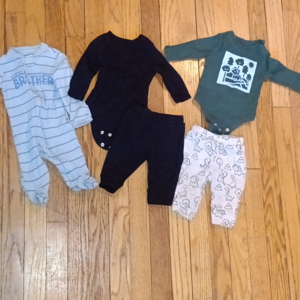 Garanimals Two Onesies, Dinosaur Pants, Black Pants & Carter's Little Brother